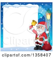 Poster, Art Print Of Cartoon Christmas Santa Claus Ringing A Bell Border Over Snow And A Blank White Sign