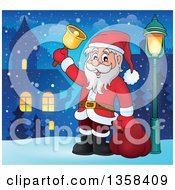 Poster, Art Print Of Cartoon Christmas Santa Claus Ringing A Bell In A Village At Night