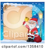 Poster, Art Print Of Cartoon Christmas Santa Claus Ringing A Bell Border Over Snow And A Parchment Scroll Page