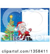 Poster, Art Print Of Cartoon Christmas Santa Claus Sitting By A Tree And Gift Presenting A Blank Sign In The Snow