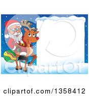 Clipart Of A Cartoon Christmas Santa Claus Riding Rudolph The Red Nosed Reindeer By A Blank Sign Royalty Free Vector Illustration