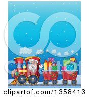 Poster, Art Print Of Cartoon Christmas Santa Claus Driving A Train Full Of Gifts Over A Snowy Night Sky