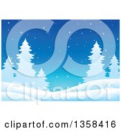 Snowy Winter Night Background With Silhouetted Evergreen Trees