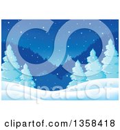 Poster, Art Print Of Snowy Winter Night Background With Evergreen Trees And Mountains