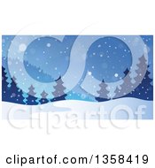 Poster, Art Print Of Snowy Winter Night Background With Silhouetted Evergreen Trees And Mountains
