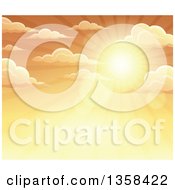 Poster, Art Print Of Background Of A Golden Sunset Sun Shining In The Sky With Puffy Clouds