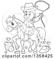 Poster, Art Print Of Cartoon Black And White Cowboy Swinging A Lasso On Horseback