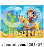 Poster, Art Print Of Cartoon Cowboy Swinging A Lasso On Horseback In A Desert