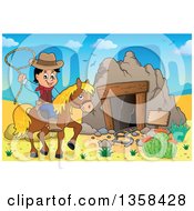 Poster, Art Print Of Cartoon Cowboy Swinging A Lasso On Horseback By An Old Mining Cave In The Desert