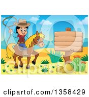 Poster, Art Print Of Cartoon Cowboy Swinging A Lasso On Horseback By A Blank Sign In The Desert