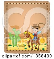 Poster, Art Print Of Parchment Page With A Cartoon Cowboy Swinging A Lasso On Horseback In A Desert