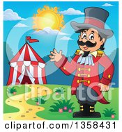 Cartoon Circus Ringmaster Man Waving Near A Big Top Tent On A Sunny Day
