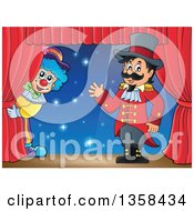 Poster, Art Print Of Cartoon Circus Ringmaster Man Waving By A Clown On Stage
