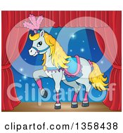 Poster, Art Print Of Cartoon Fancy White Circus Horse Prancing On Stage