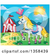 Cartoon Fancy White Circus Horse Prancing By A Big Top Tent On A Sunny Day