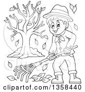 Cartoon Black And White Happy Man Raking Autumn Leaves In A Yard