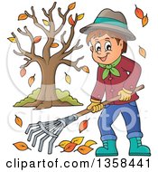 Cartoon Happy Man Raking Autumn Leaves By A Tree