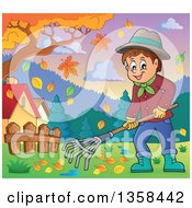 Poster, Art Print Of Cartoon Happy Man Raking Autumn Leaves In A Yard