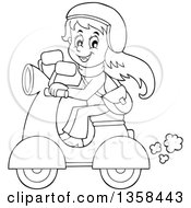 Poster, Art Print Of Cartoon Black And White Happy Girl Riding A Scooter