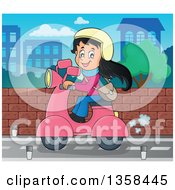 Poster, Art Print Of Cartoon Happy Girl Riding A Pink Scooter On A City Street