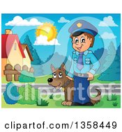 Cartoon White Male Police Officer With A Dog In A Neighborhood