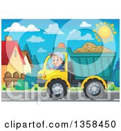 Poster, Art Print Of Cartoon Happy Man Driving A Truck Full Of Sand