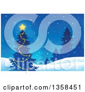 Poster, Art Print Of Glowing Star On An Outdoor Christmas Tree With Evergreens In The Snow