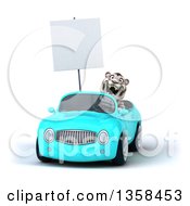 Clipart Of A 3d White Tiger Holding A Blank Sign And Driving A Light Blue Convertible Car On A White Background Royalty Free Illustration by Julos