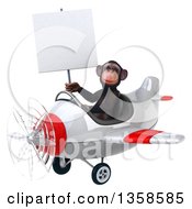 Clipart Of A 3d Chimpanzee Monkey Aviator Pilot Holding A Blank Sign And Flying A White And Red Airplane On A White Background Royalty Free Illustration