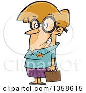 Poster, Art Print Of Cartoon Nerdy Dirty Blond White Woman With Big Glasses Holding A Briefcase