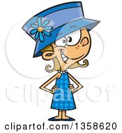 Poster, Art Print Of Cartoon Happy Dirty Blond White Girl Wearing A Polka Dot Dress And A Hat