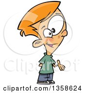 Clipart Of A Cartoon Red Haired White Boy Presenting Or Giving Someone Else A Turn Royalty Free Vector Illustration