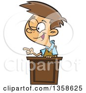 Cartoon Brunette White School Boy Winking And Giving A Lecture At A Podium
