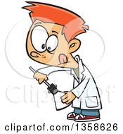 Cartoon Red Haired White School Boy Inserting Something Into A Science Laboratory Flask