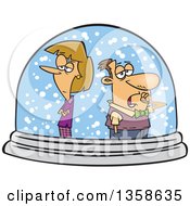 Cartoon Unhappy White Couple Isolated In A Snow Globe