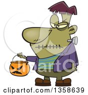Cartoon Halloween Frankenstein Trick Or Treating With A Pumpkin Basket