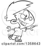 Lineart Clipart Of A Cartoon Black And White Boy Reaching Out To Catch Someone Royalty Free Outline Vector Illustration