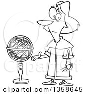 Lineart Clipart Of A Cartoon Black And White Astronomer Nicolaus Copernicus Presenting A Model Of The Universe Royalty Free Outline Vector Illustration