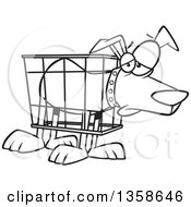 Lineart Clipart Of A Cartoon Black And White Unhappy Dog In A Cramped Crate Royalty Free Outline Vector Illustration