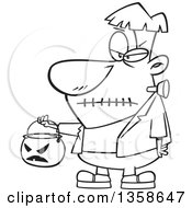 Lineart Clipart Of A Cartoon Black And White Halloween Frankenstein Trick Or Treating With A Pumpkin Basket Royalty Free Outline Vector Illustration