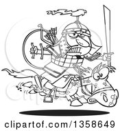 Cartoon Black And White Man Genghis Khan Riding Into Battle On Horseback