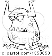 Lineart Clipart Of A Cartoon Black And White Grumpy Horned Monster Royalty Free Outline Vector Illustration by toonaday