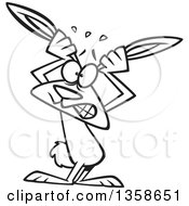 Lineart Clipart Of A Cartoon Black And White Stressed Out Bunny Rabbit Grabbing His Ears Royalty Free Outline Vector Illustration