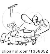 Lineart Clipart Of A Cartoon Black And White Bored Executive Businessman Leaning Back In His Chair And Tossing A Pencil Royalty Free Outline Vector Illustration