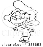 Lineart Clipart Of A Cartoon Black And White Girl Winking And Pointing To Beware Royalty Free Outline Vector Illustration