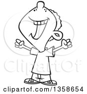 Lineart Clipart Of A Cartoon Black And White Boy Celebrating A Win Royalty Free Outline Vector Illustration by toonaday