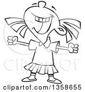 Lineart Clipart Of A Cartoon Black And White Happy Girl Celebrating A Win Royalty Free Outline Vector Illustration