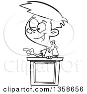 Lineart Clipart Of A Cartoon Black And White School Boy Winking And Giving A Lecture At A Podium Royalty Free Outline Vector Illustration by toonaday