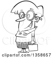 Lineart Clipart Of A Cartoon Black And White Nerdy Woman With Big Glasses Holding A Briefcase Royalty Free Outline Vector Illustration by toonaday