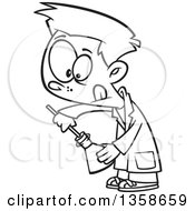 Cartoon Black And White School Boy Inserting Something Into A Science Laboratory Flask